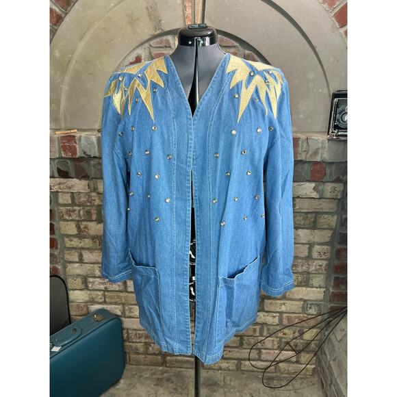 Jean Jacket open front gold shoulders studded bedazzled 1990s - Picture 1 of 10